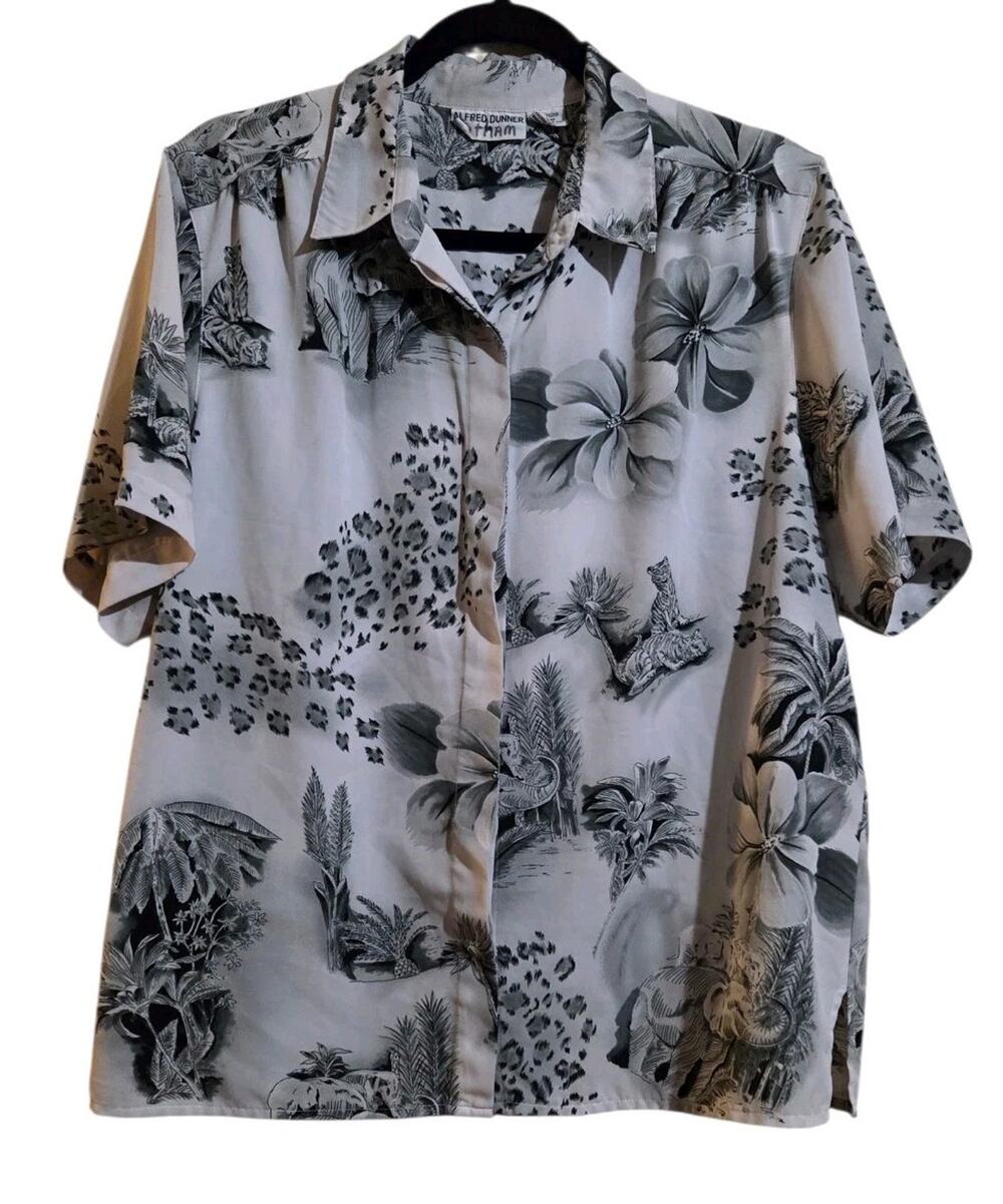 Alfred Dunner Button-Up Animal Novelty Print Shirt Gray White Size 14 Camp Top